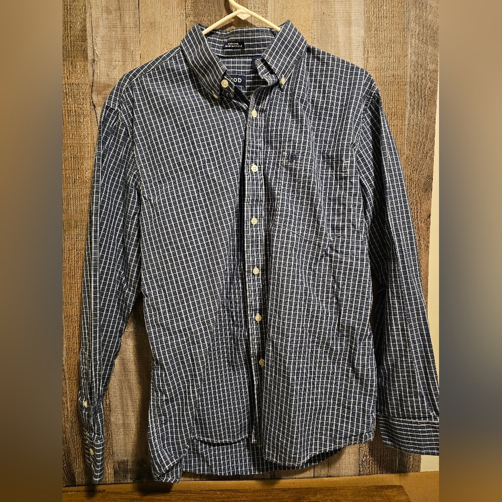 IZOD Blue Button Down Shirt Mens M Easy Care Stretch Long Sleeve Plaid Pattern